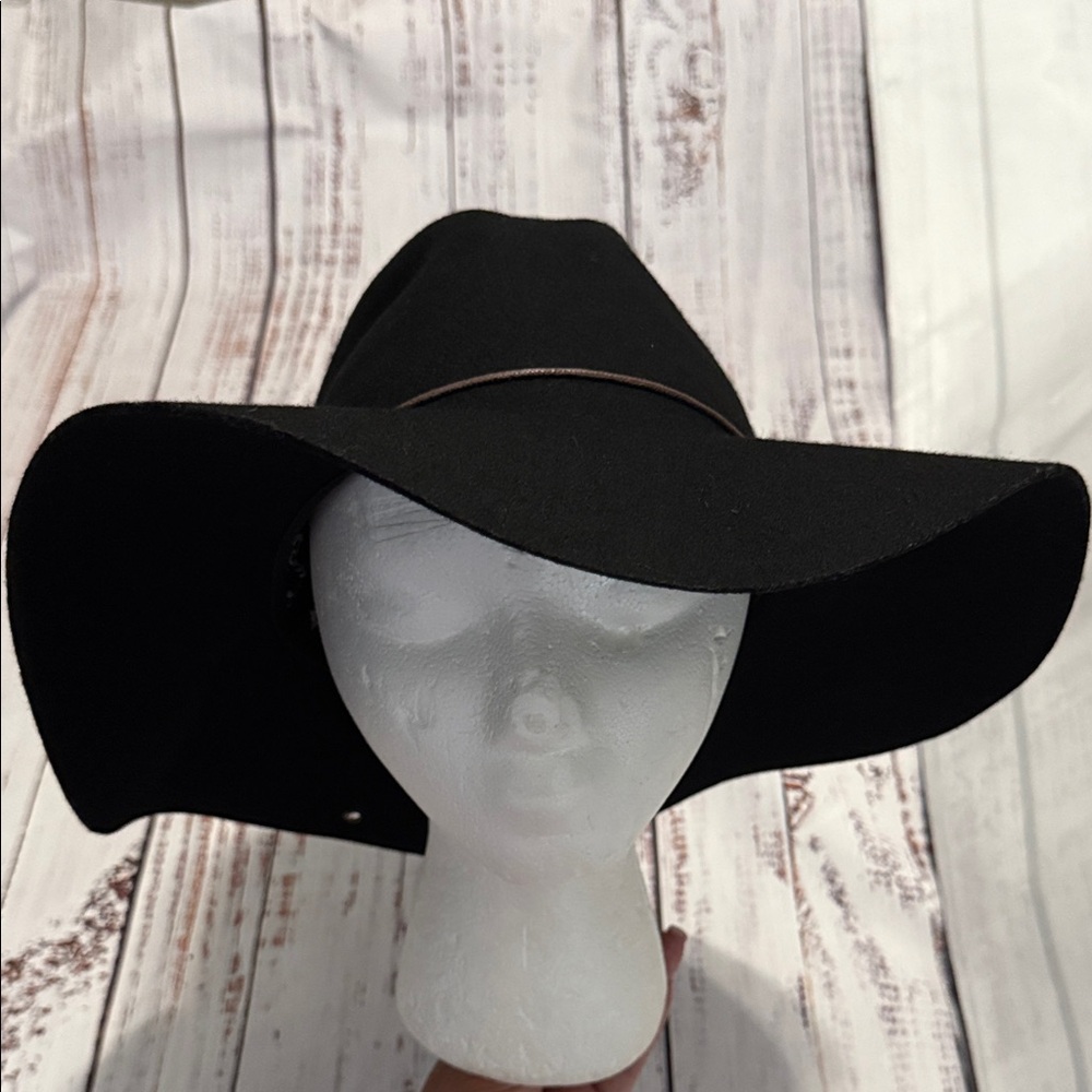 PETER GRIMM Black Wide Brim Wool Fedora Hat with Brown Leather Cord - Picture 14 of 15